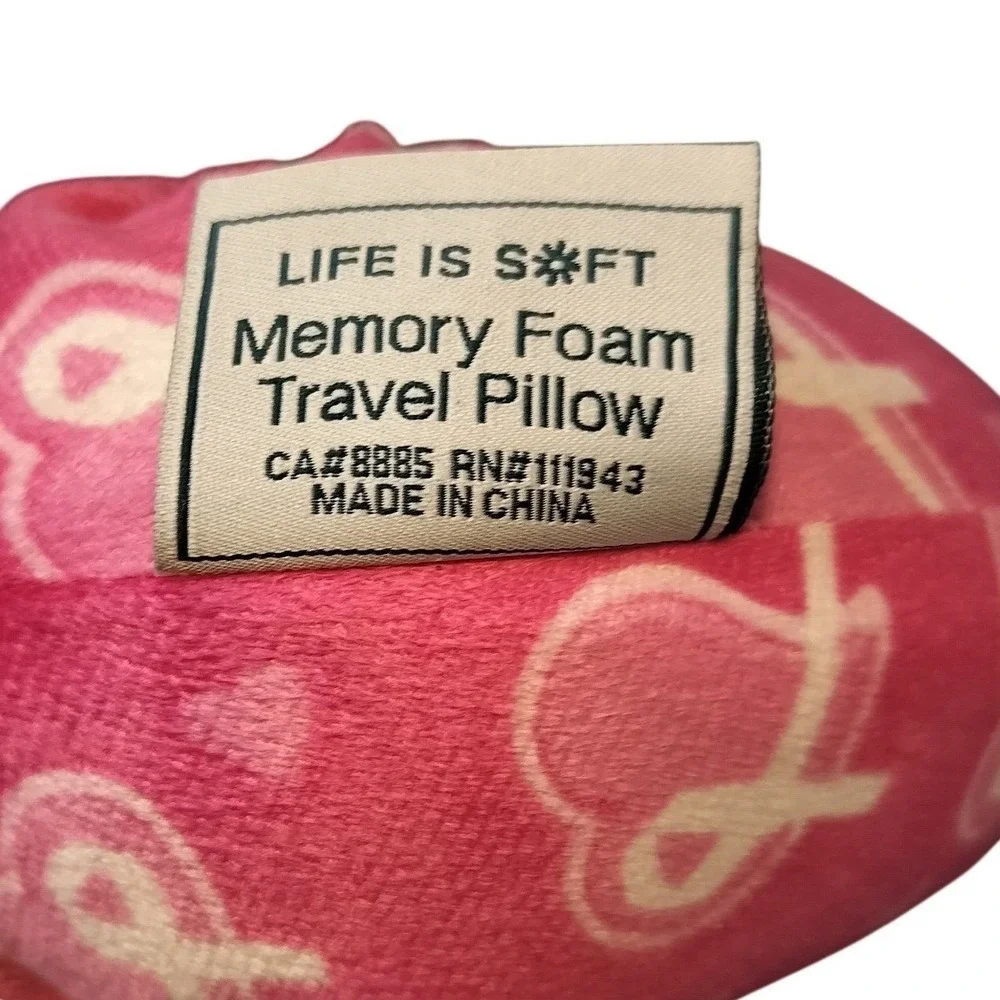 Life Is Soft Memory Foam Travel Pillow Pink Breast Cancer Awareness Ribbon Print